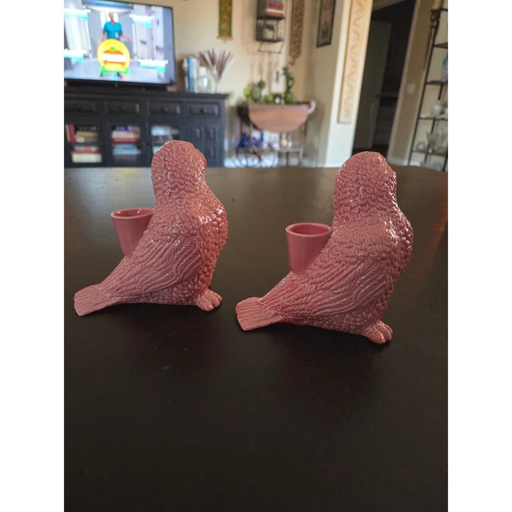 Jones & Co Pink Ceramic Parrot 2 Candle Holders Tropical Coastal Palm Beach
